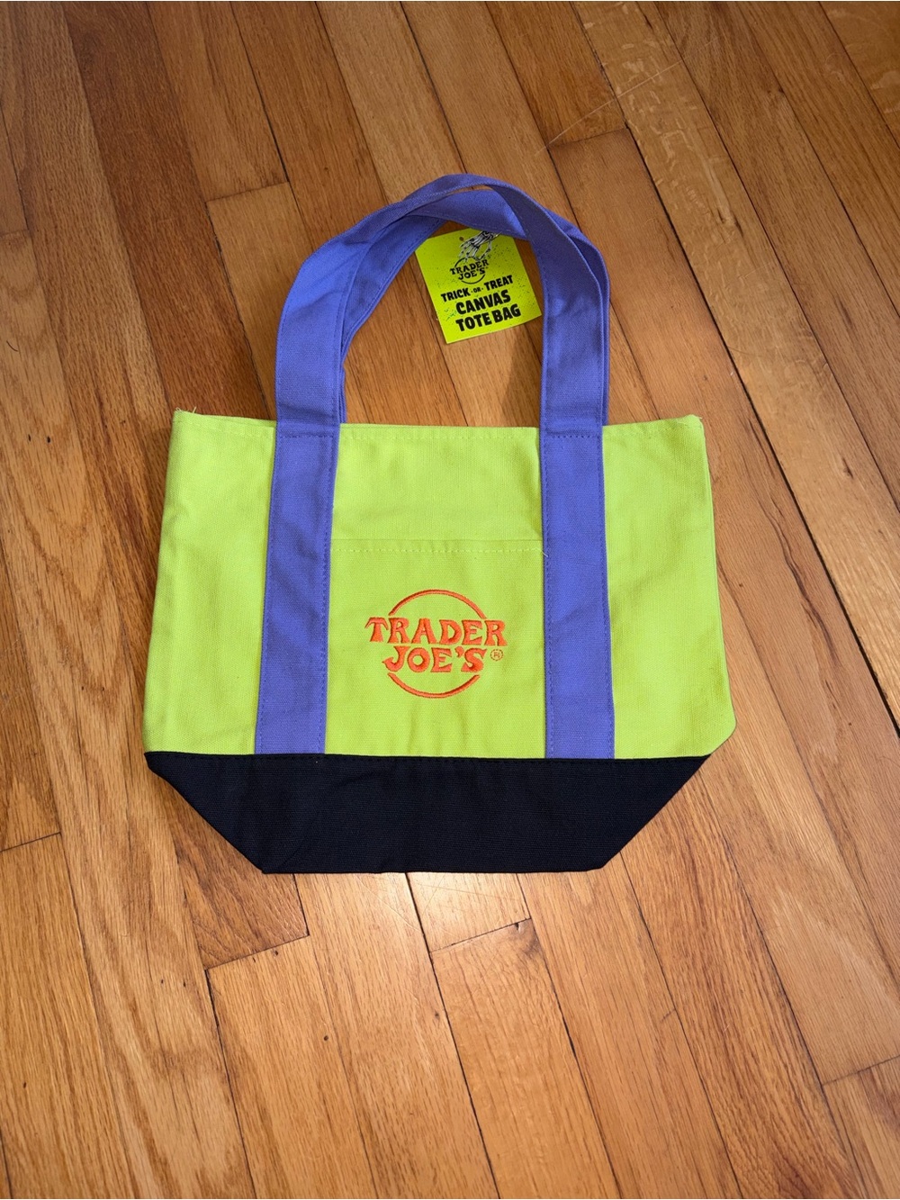 Trader Joe's Halloween Lime Canvas Tote with Black Base and Lavender Handles
